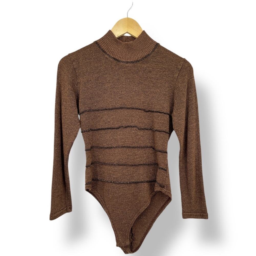 Organza Brown Mock Neck Stripped Long Sleeve Bodysuit Women's S‎